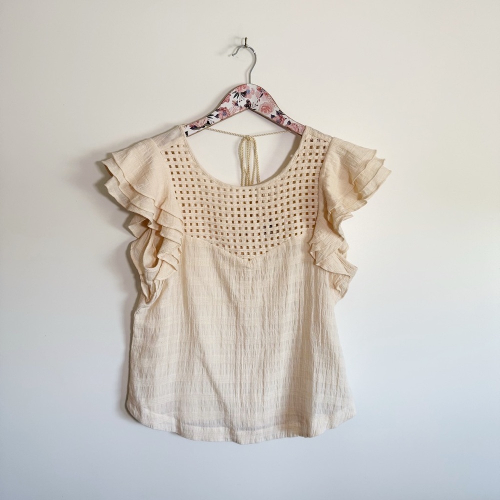 THE ODELLS Cream Lattice Flutter Sleeve Blouse Tie Back XS